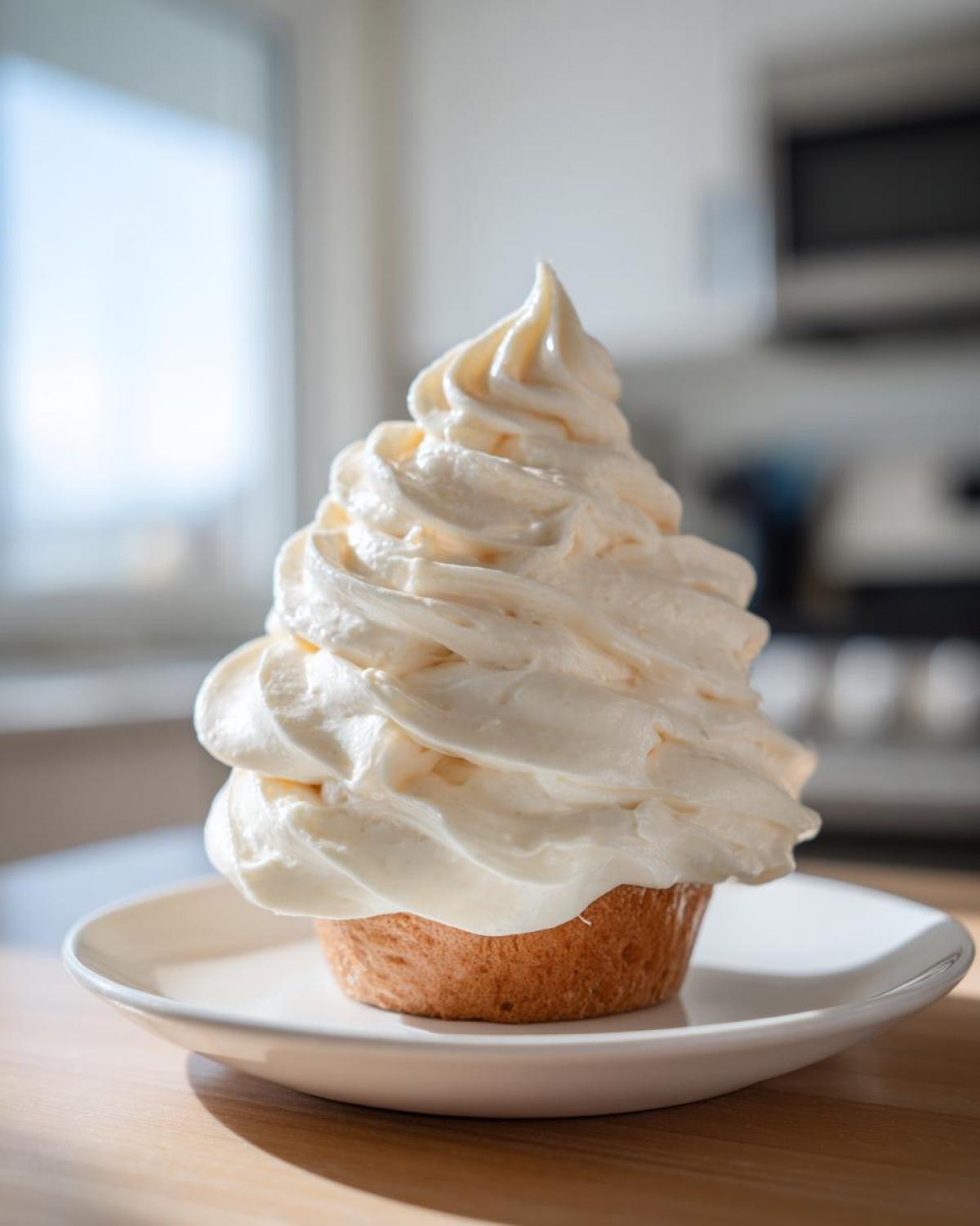 A single cupcake generously topped with a tall swirl of thick, creamy Copycat Cinnabon Cream Cheese Frosting.