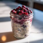 Close-up of Easy Berry Chia Overnight Oats topped with mixed berries in a glass jar.
