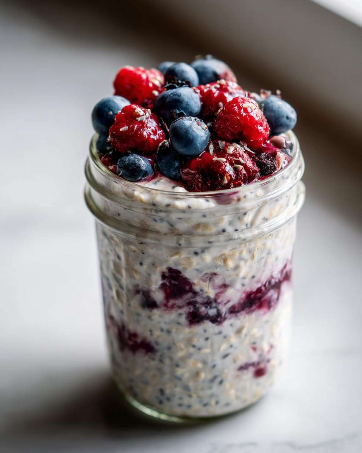 Close-up of Easy Berry Chia Overnight Oats topped with fresh blueberries and raspberries in a glass jar.