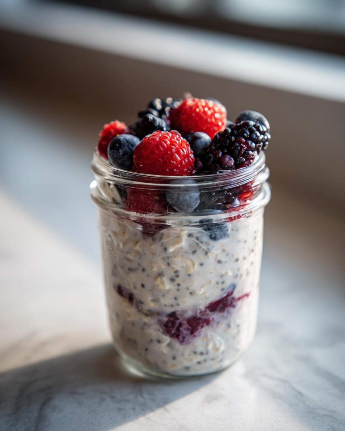 Close-up of Easy Berry Chia Overnight Oats topped with fresh raspberries, blueberries, and blackberries.