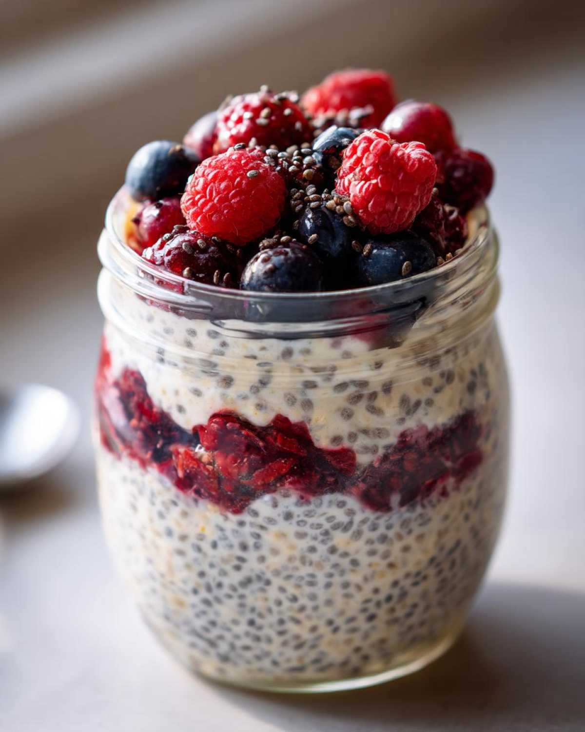 Close-up of Easy Berry Chia Overnight Oats layered with berry compote and topped with fresh raspberries and blueberries.