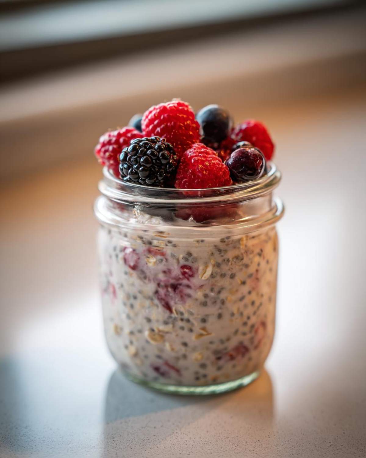Close-up of Easy Berry Chia Overnight Oats topped with fresh raspberries, blackberries, and blueberries in a glass jar.