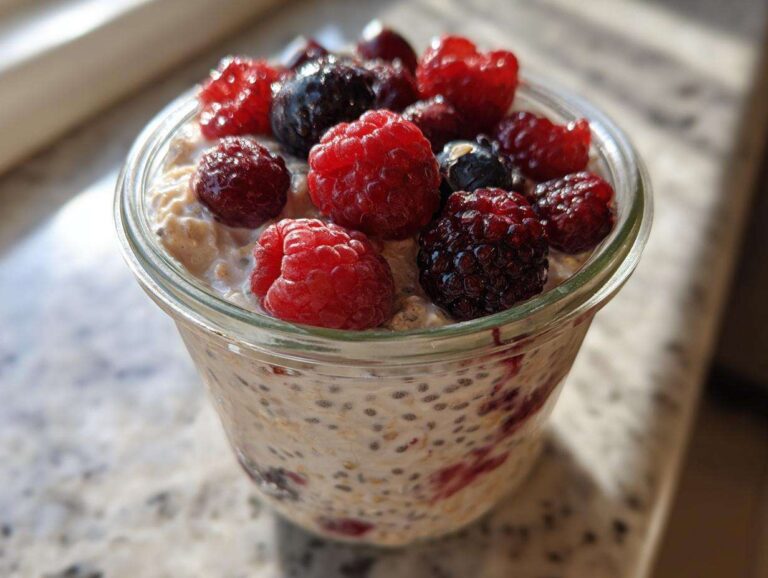 Close-up of Easy Berry Chia Overnight Oats topped with fresh raspberries, blueberries, and blackberries.