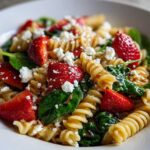 A close-up of Easy Strawberry Spinach Pasta Salad featuring rotini pasta, bright red strawberries, green spinach, and crumbled feta cheese.