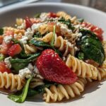Close-up of Easy Strawberry Spinach Pasta Salad featuring rotini pasta, fresh strawberries, spinach, and crumbled feta cheese.