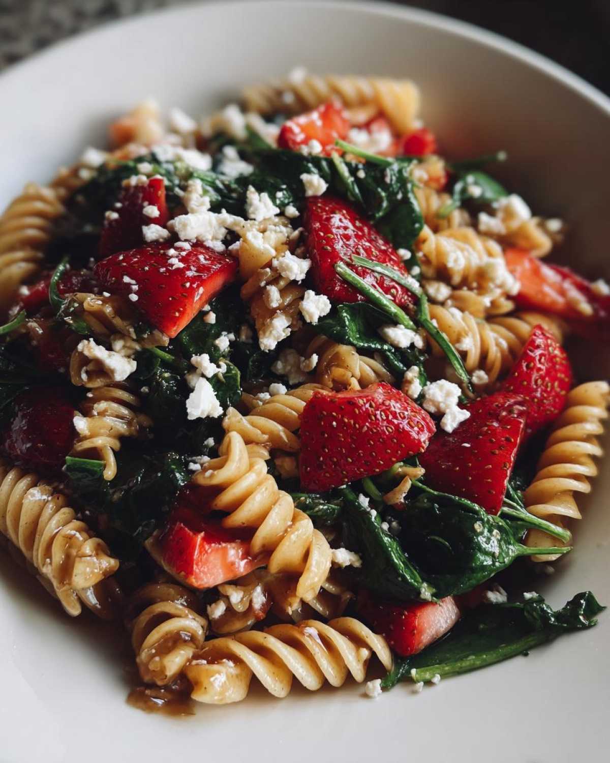 Close-up of Easy Strawberry Spinach Pasta Salad with feta cheese crumbles and rotini pasta.