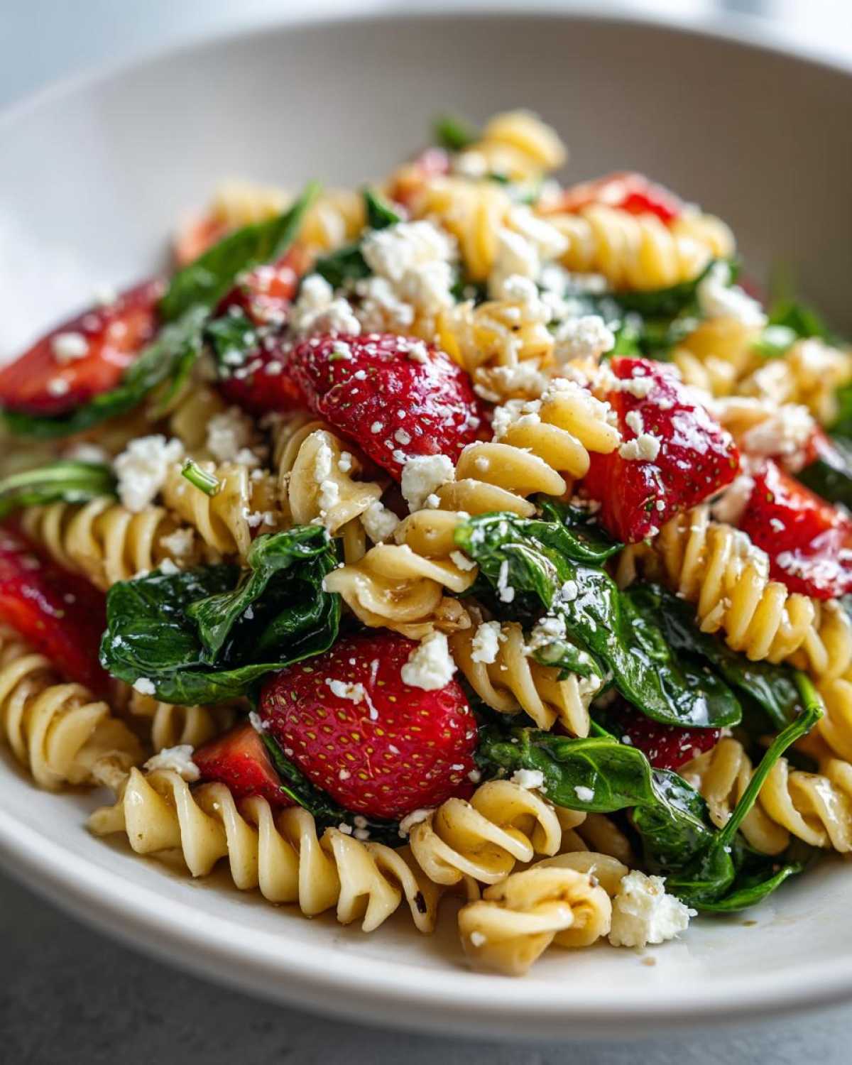 Close-up of Easy Strawberry Spinach Pasta Salad with feta crumbles, bright red strawberries, and green spinach mixed with rotini pasta.