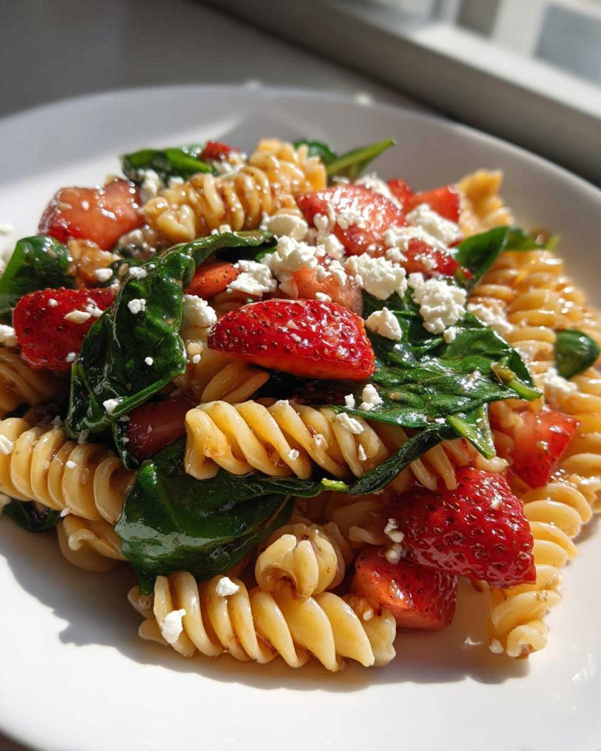 Close-up of Easy Strawberry Spinach Pasta Salad with feta cheese crumbles and fusilli pasta.