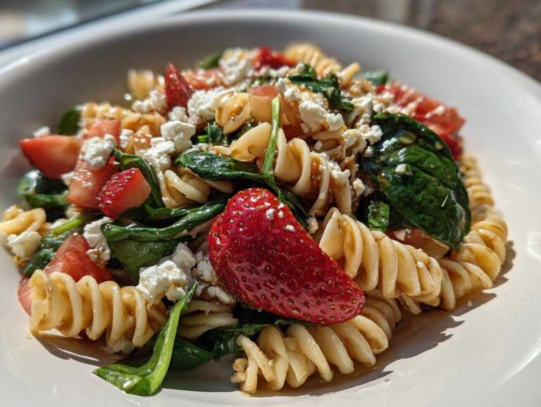 Close-up of Easy Strawberry Spinach Pasta Salad featuring rotini pasta, fresh strawberries, spinach, and crumbled feta cheese.