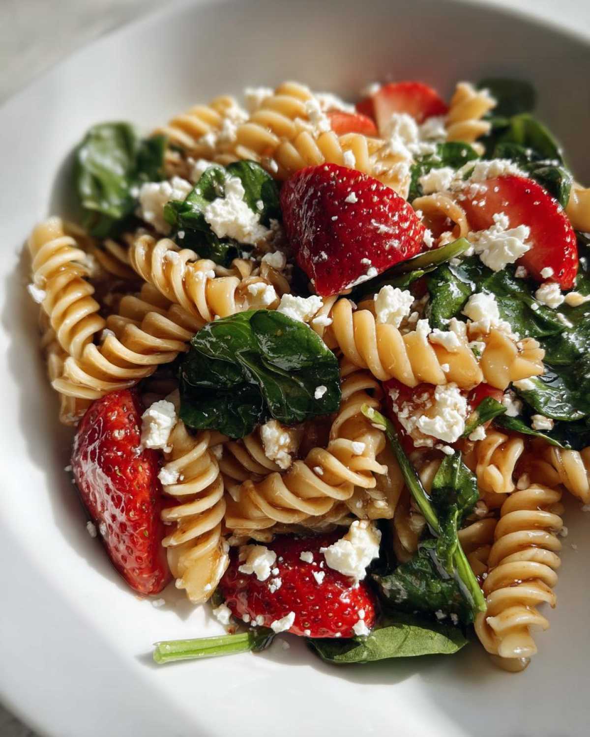 A close-up of Easy Strawberry Spinach Pasta Salad with feta cheese crumbles and fusilli pasta.