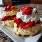 Two servings of fluffy Gluten-Free Strawberry Shortcake Biscuits topped with macerated strawberries and whipped cream.