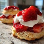Close-up of a fluffy Gluten-Free Strawberry Shortcake Biscuits topped with macerated strawberries and whipped cream.