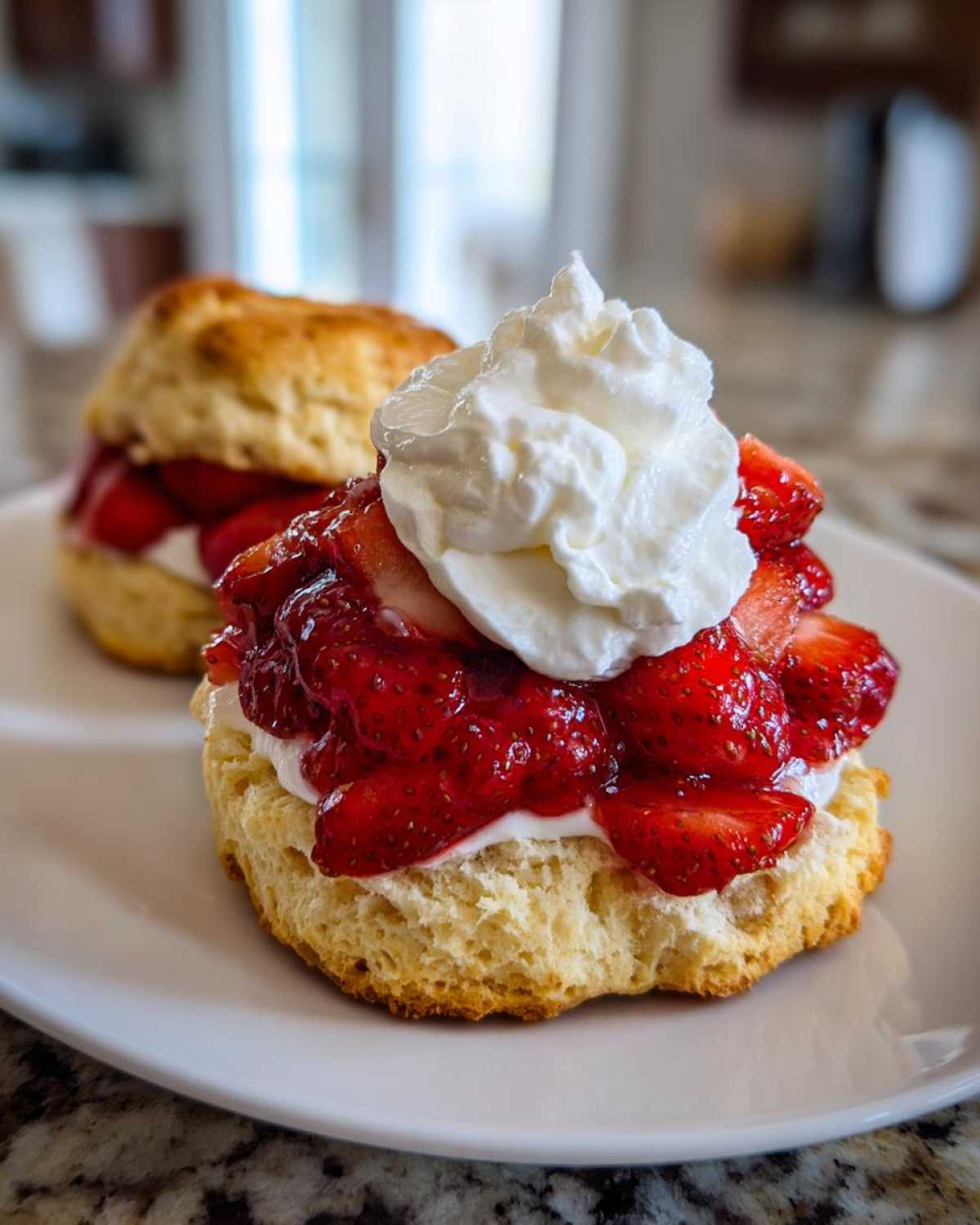 Close-up of a fluffy Gluten-Free Strawberry Shortcake Biscuits topped with macerated strawberries and whipped cream.