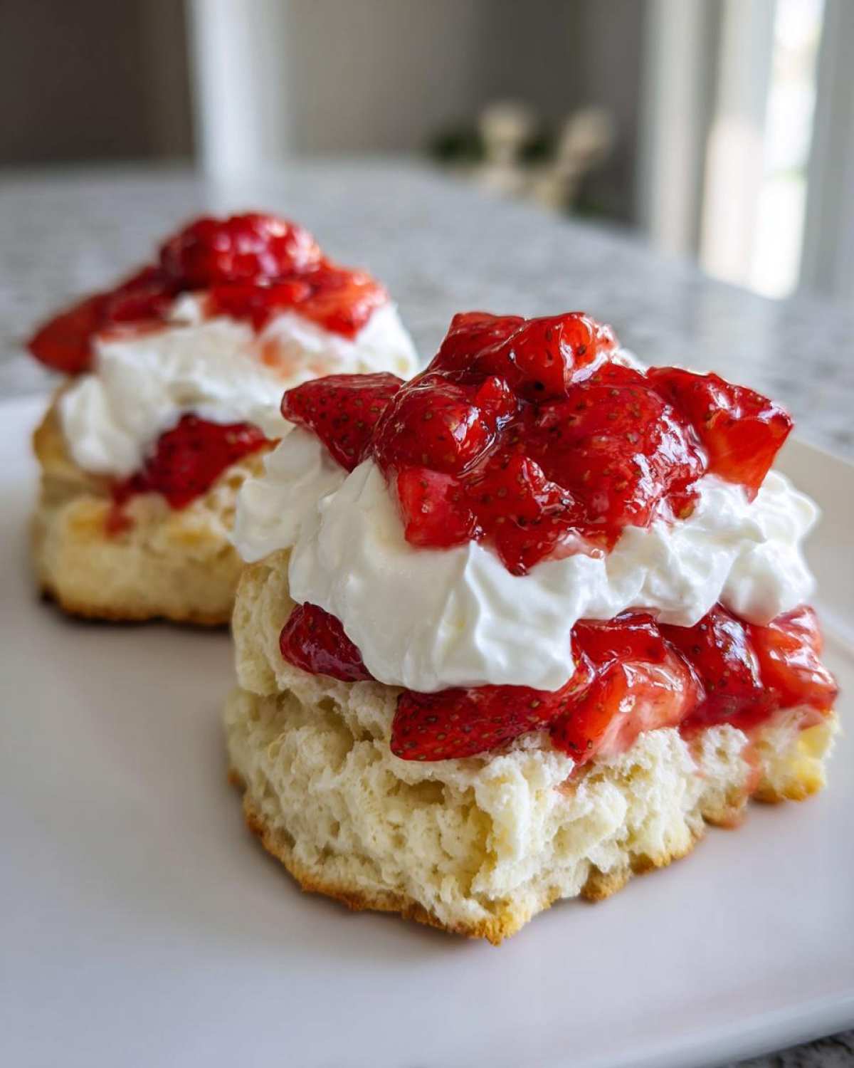 Close-up of two Gluten-Free Strawberry Shortcake Biscuits topped with whipped cream and macerated strawberries.