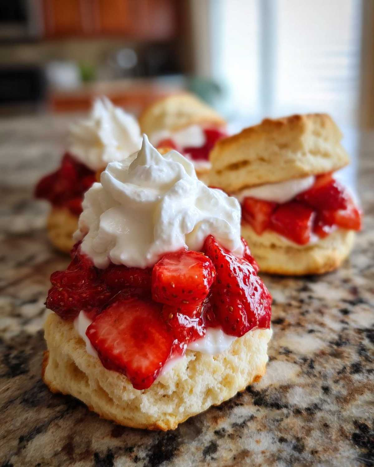 Close-up of assembled Gluten-Free Strawberry Shortcake Biscuits topped with macerated strawberries and whipped cream.