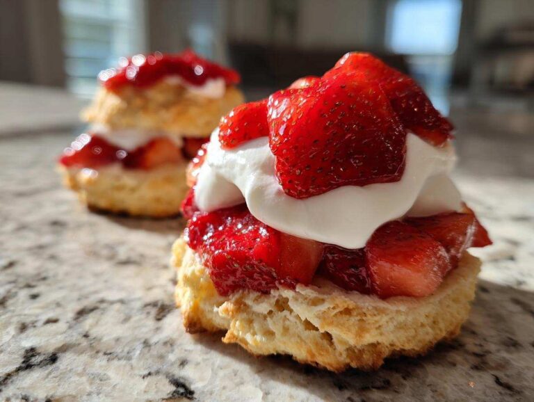 Close-up of a fluffy Gluten-Free Strawberry Shortcake Biscuits topped with macerated strawberries and whipped cream.
