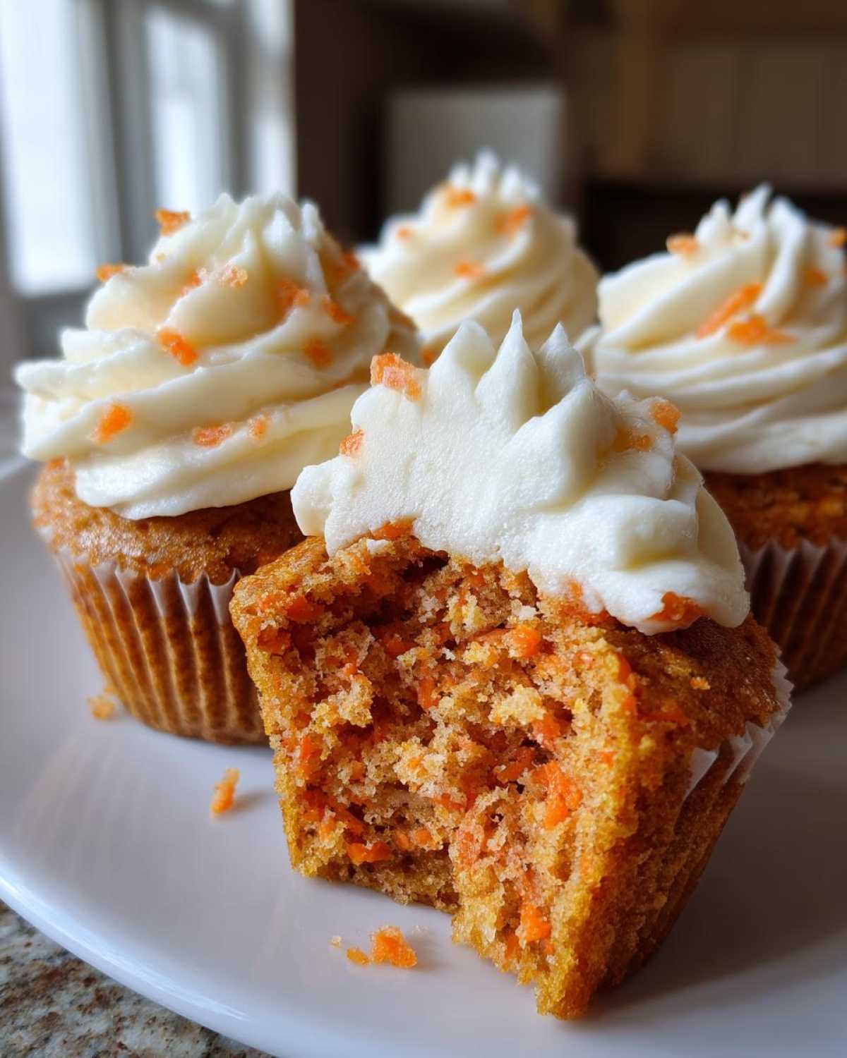 Close-up of a Gluten-Free Carrot Cake Cupcakes, one bitten to show the moist interior and cream cheese frosting.