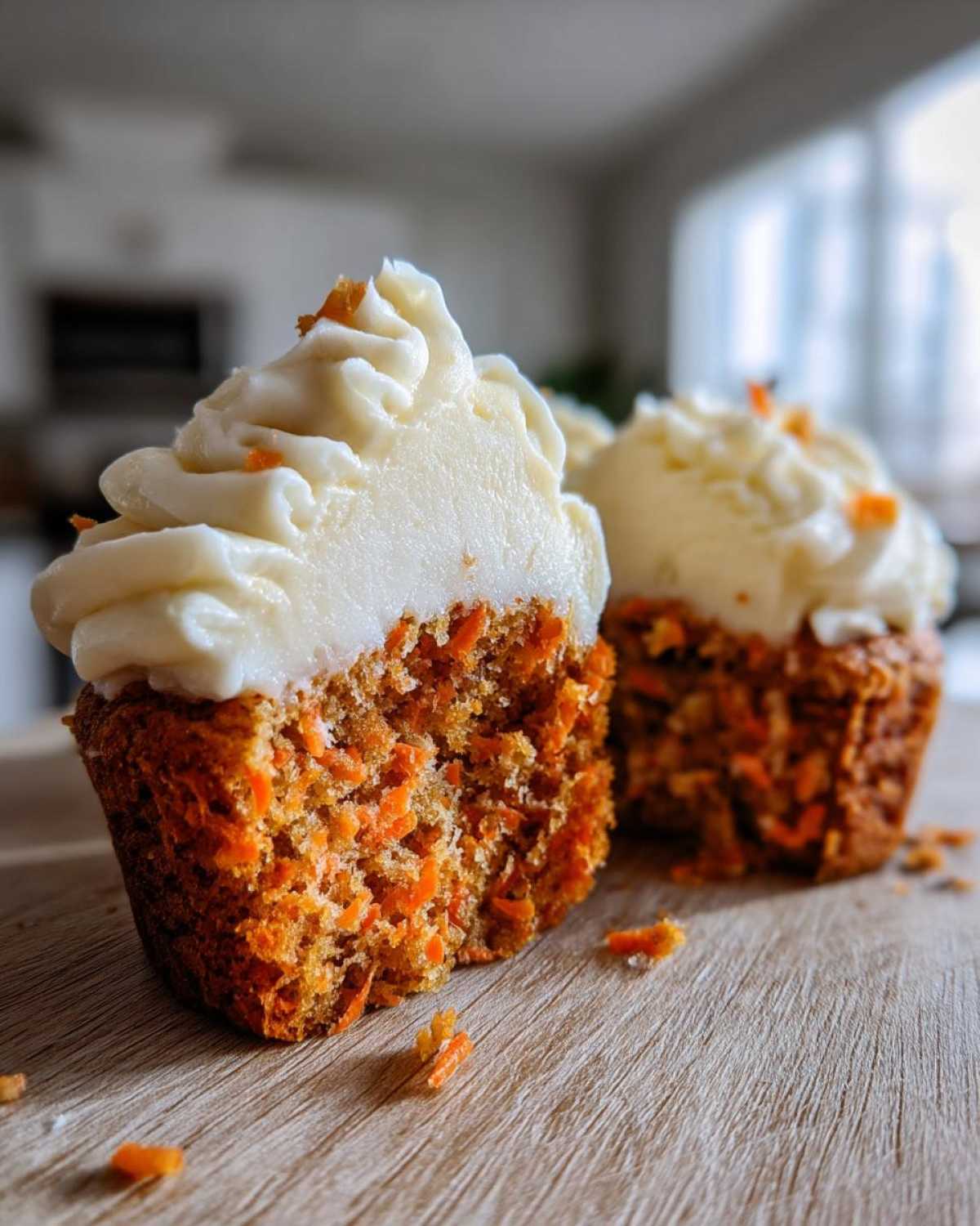Close-up of a Gluten-Free Carrot Cake Cupcakes cut in half showing moist texture and cream cheese frosting.