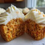 Close-up of a Gluten-Free Carrot Cake Cupcakes cut in half showing moist crumb and cream cheese frosting.