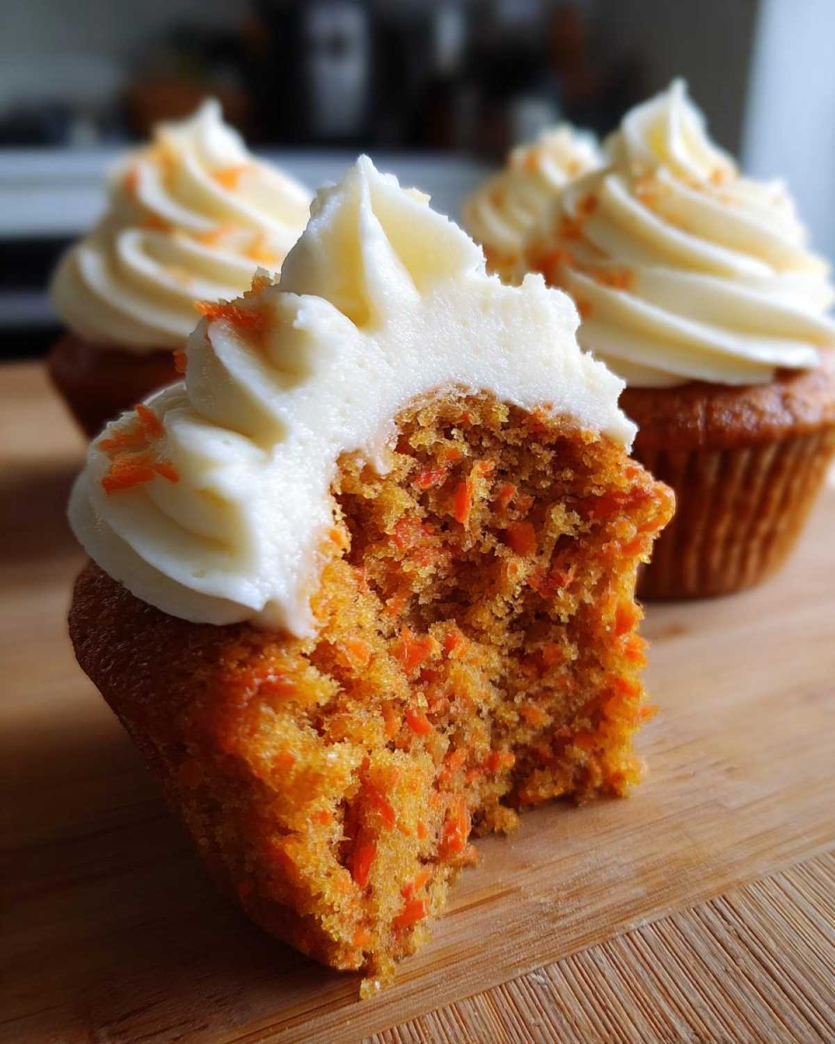 Close-up of a Gluten-Free Carrot Cake Cupcakes with cream cheese frosting, showing the moist interior texture.