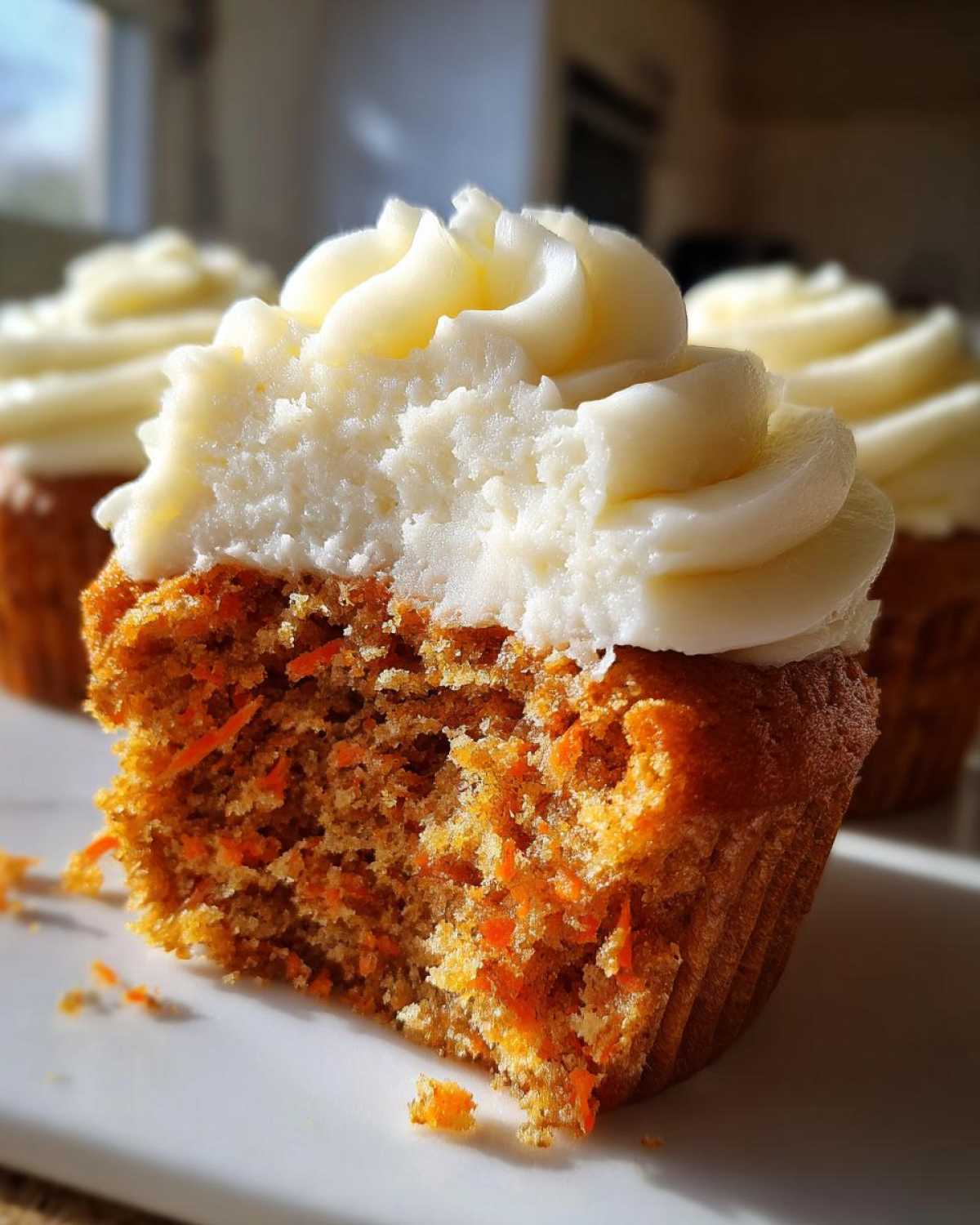 Close-up of a Gluten-Free Carrot Cake Cupcakes cut in half showing moist crumb and thick cream cheese frosting.