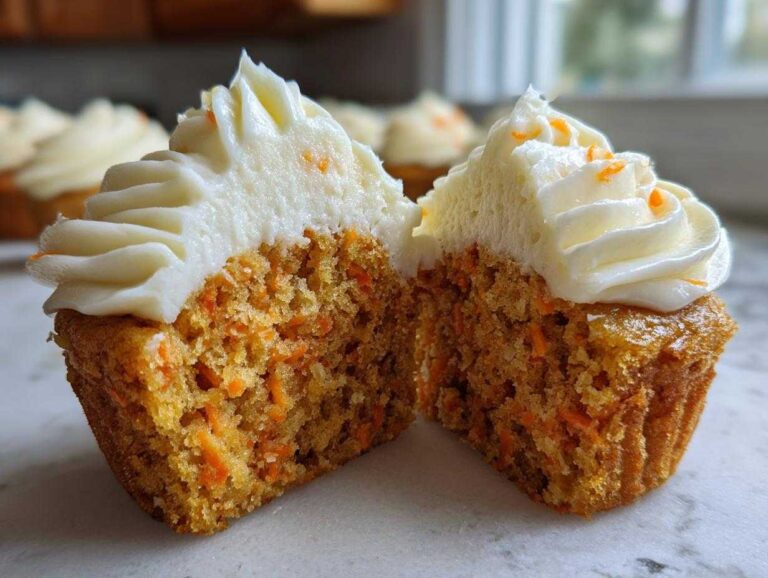 Close-up of a Gluten-Free Carrot Cake Cupcakes cut in half showing moist crumb and cream cheese frosting.