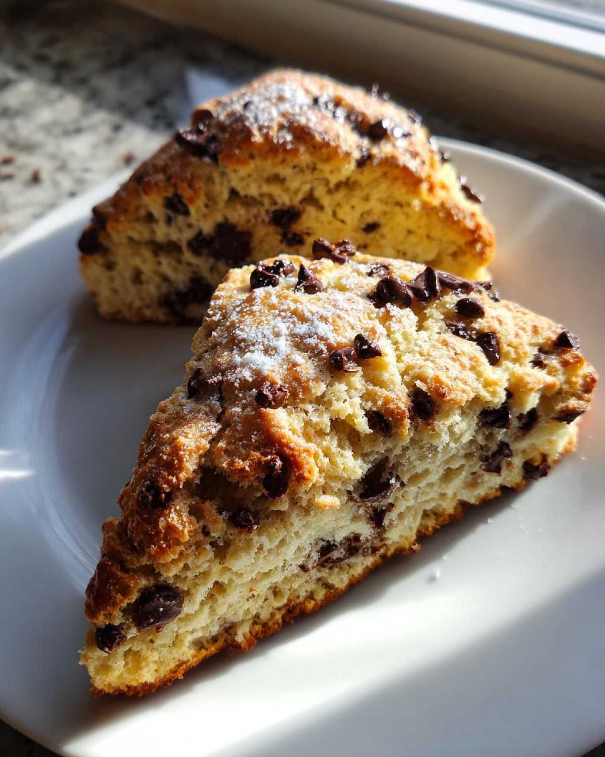 Two freshly baked Gluten-Free Chocolate Chip Scones dusted with powdered sugar on a white plate.