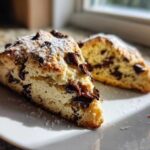 Close-up of two triangular Gluten-Free Chocolate Chip Scones dusted with powdered sugar on a white plate.