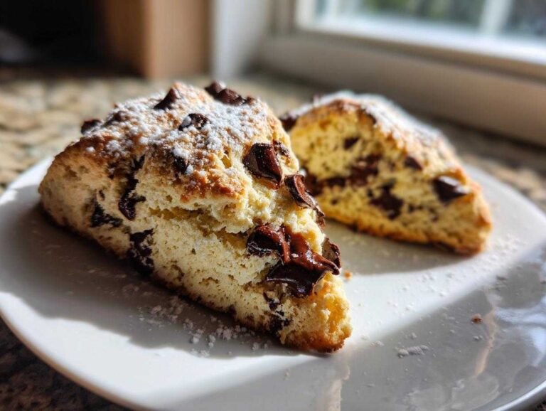 Close-up of two triangular Gluten-Free Chocolate Chip Scones dusted with powdered sugar on a white plate.