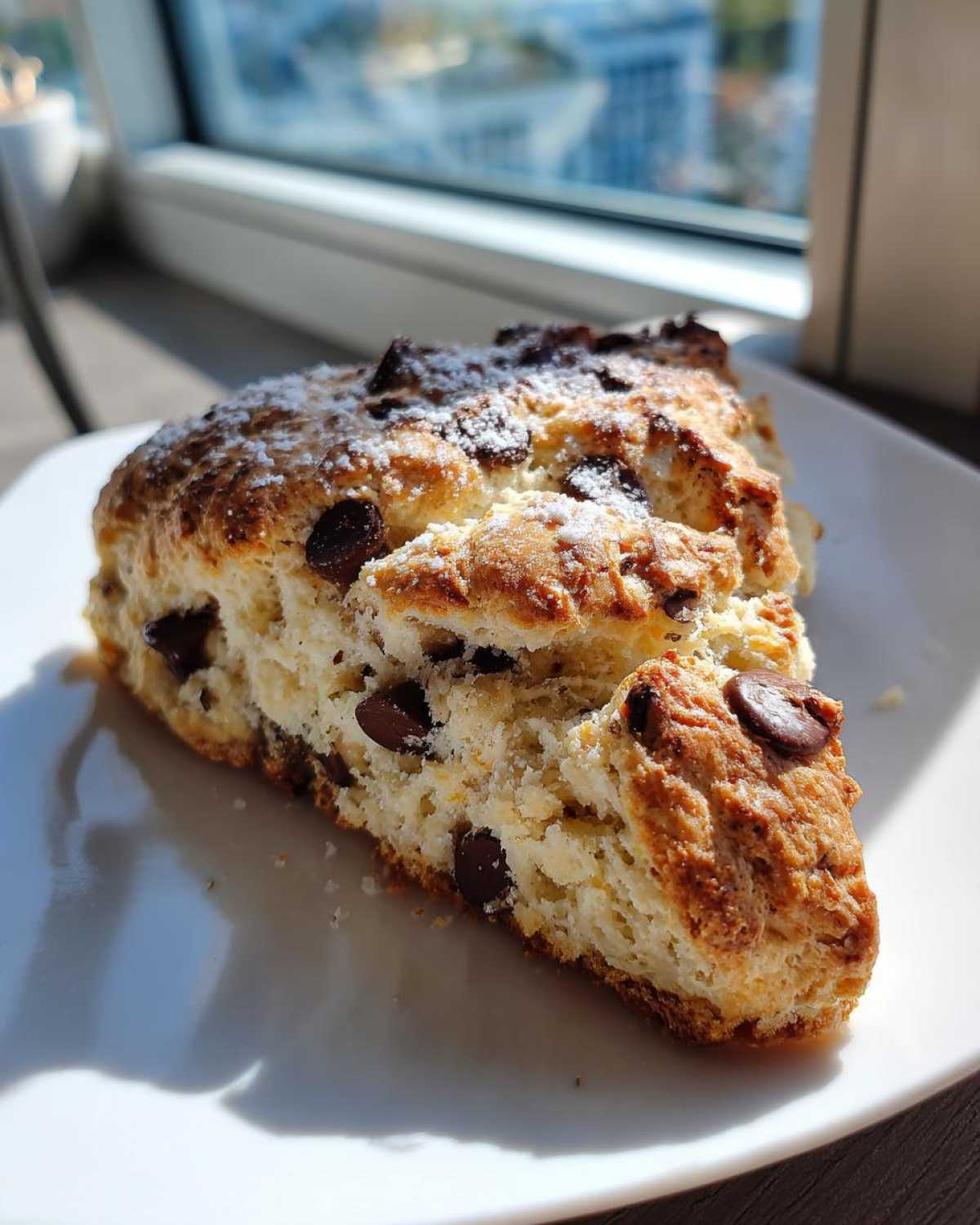 A close-up of a freshly baked Gluten-Free Chocolate Chip Scones slice dusted with powdered sugar on a white plate.