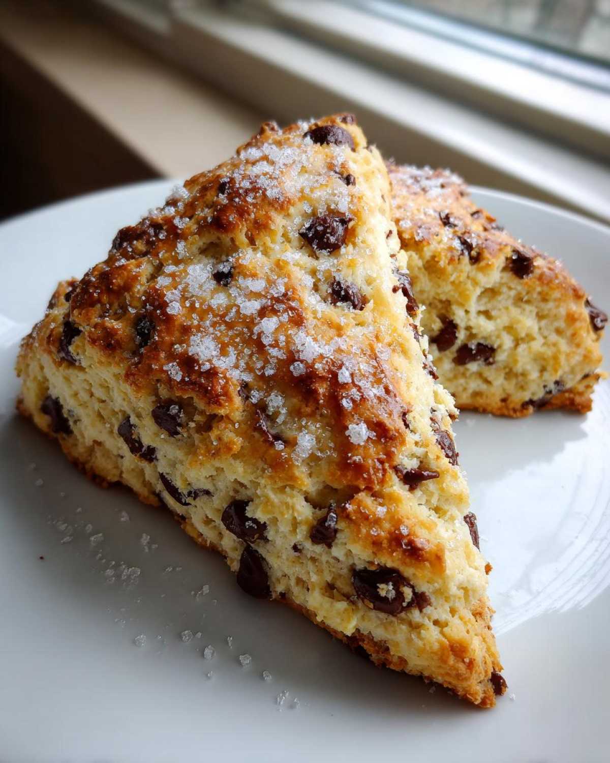 Two triangular Gluten-Free Chocolate Chip Scones dusted heavily with coarse sugar, resting on a white plate near a window.