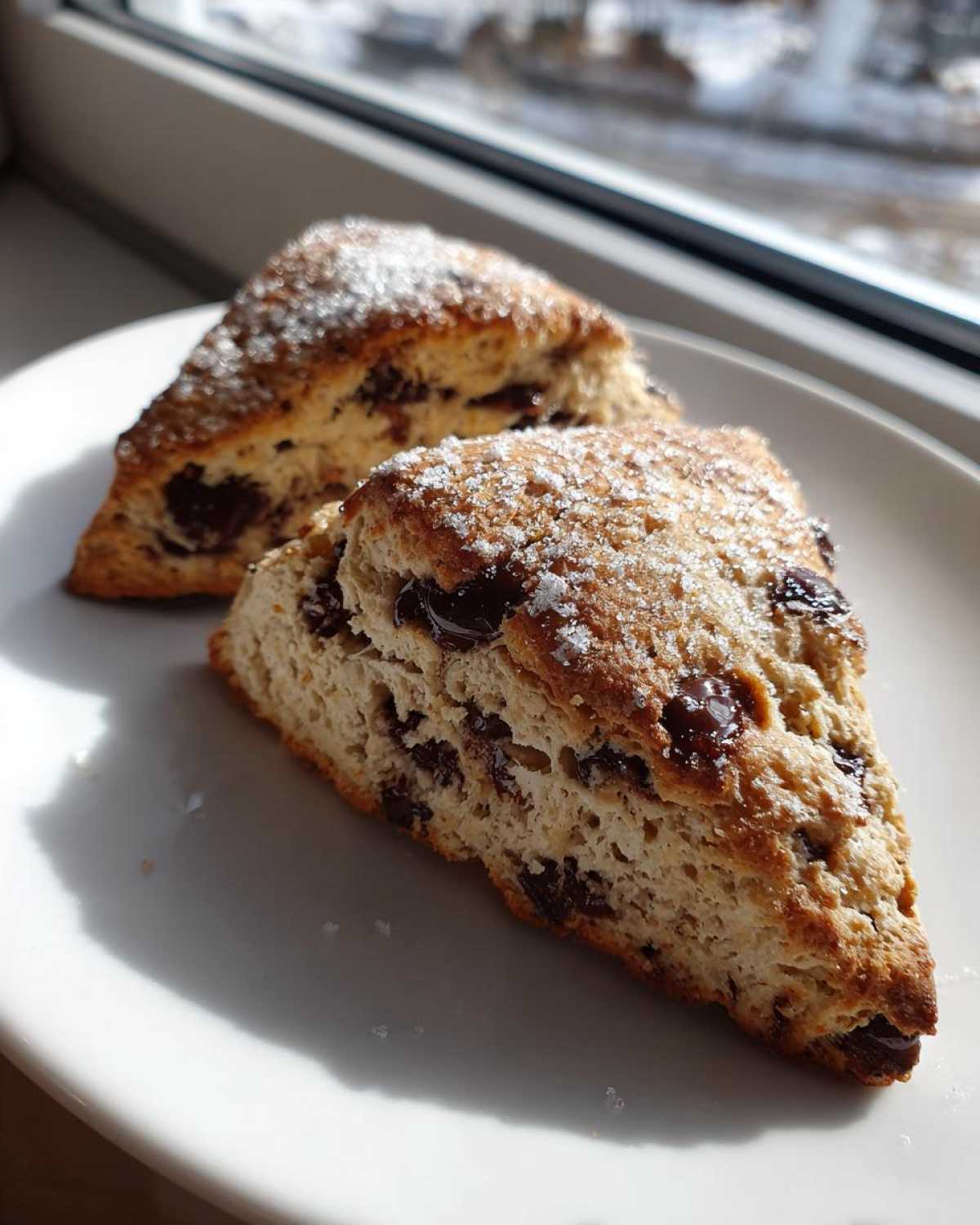 Two triangular Gluten-Free Chocolate Chip Scones dusted with sugar, sitting on a white plate near a window.