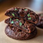 Close-up of three stacked Gluten-Free Chocolate Mint Cookies, showing the gooey melted chocolate chips and bright green mint pieces inside.