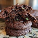 Close-up of a stack of rich, fudgy Gluten-Free Chocolate Mint Cookies, with the top cookie broken to show melted chocolate chips and green mint pieces inside.