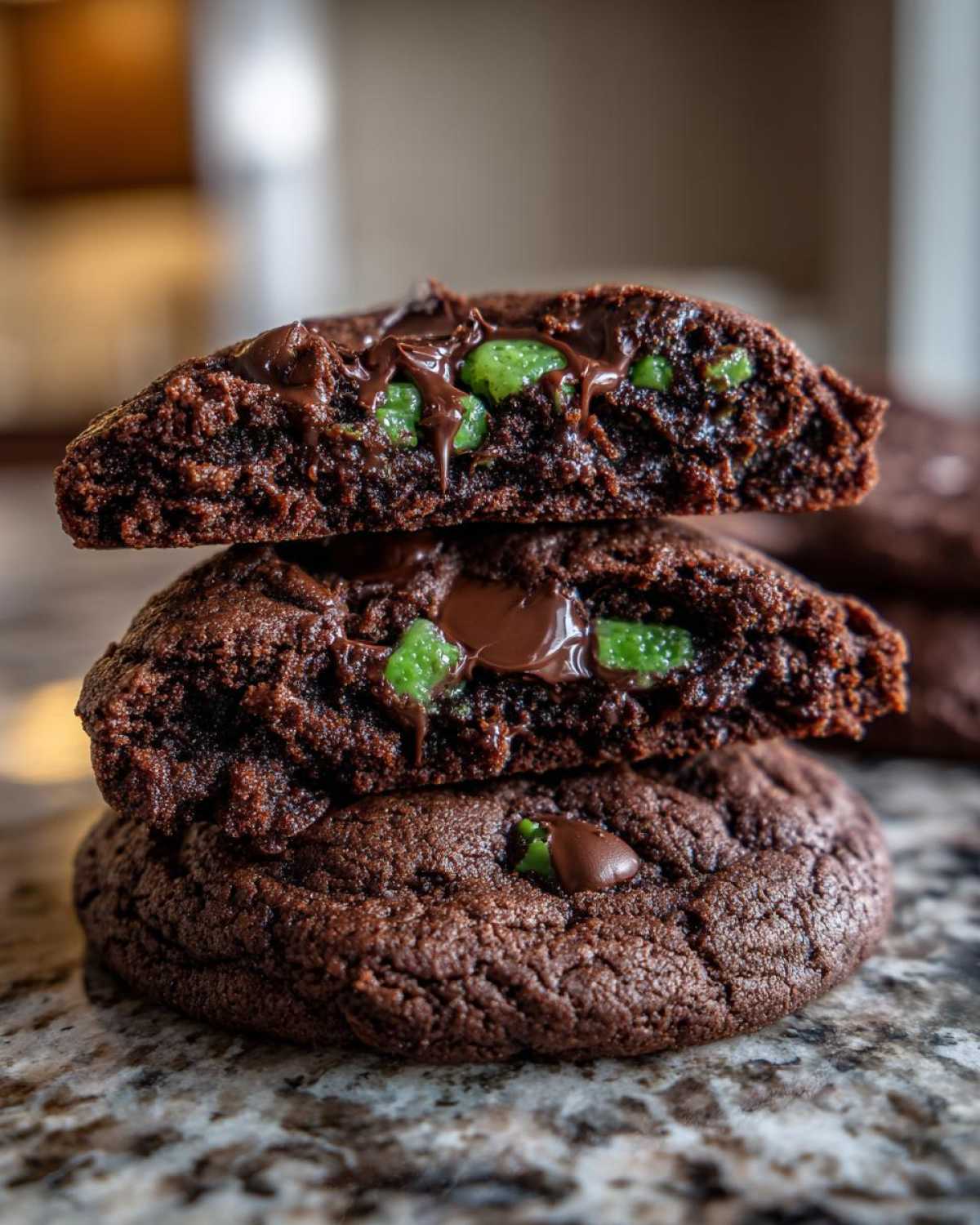 Stack of two halves of a rich, fudgy Gluten-Free Chocolate Mint Cookie showing melted chocolate and green mint chips inside.