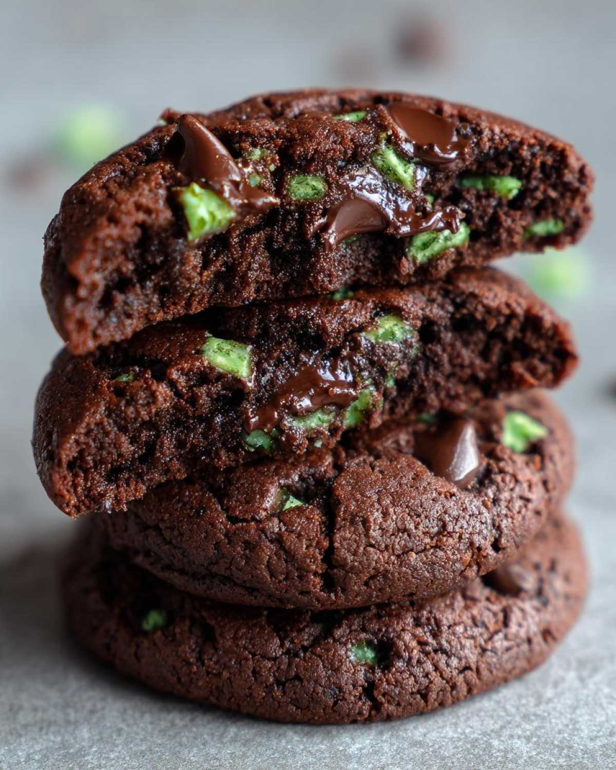 A stack of three rich, dark Gluten-Free Chocolate Mint Cookies, with the top one broken open showing melted chocolate and green mint chips.