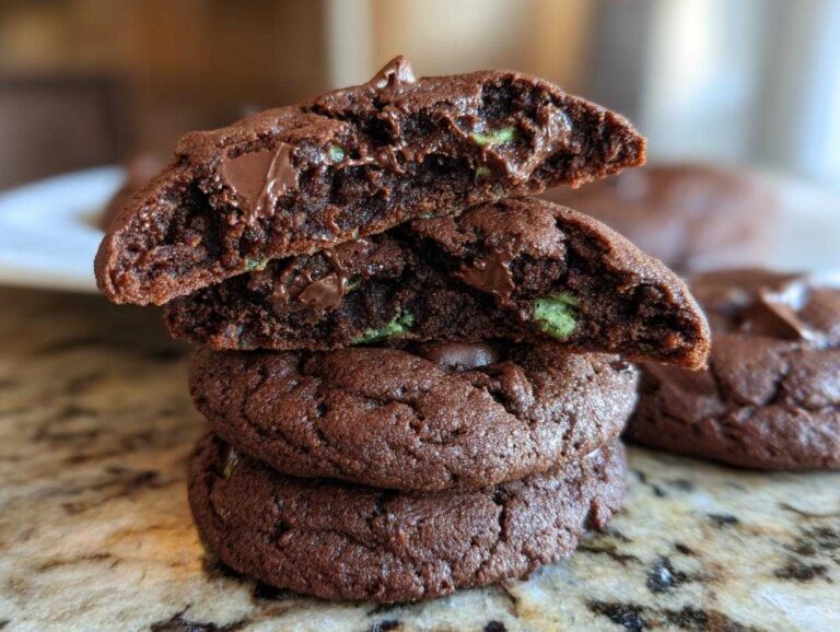 Close-up of a stack of rich, fudgy Gluten-Free Chocolate Mint Cookies, with the top cookie broken to show melted chocolate chips and green mint pieces inside.