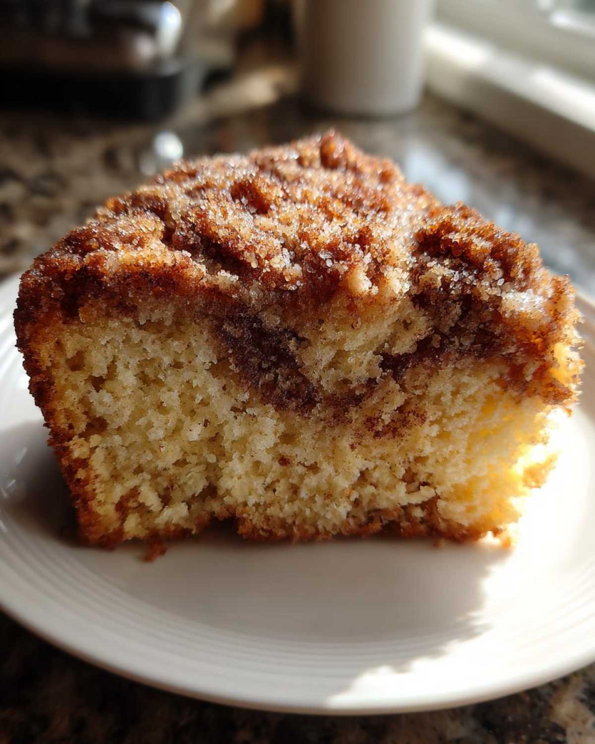 Close-up of a moist slice of Gluten-Free Cinnamon Sugar Coffee Cake with a thick, sugary crumb topping.