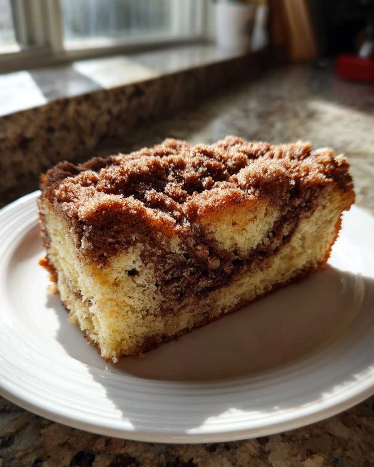 A close-up of a slice of Gluten-Free Cinnamon Sugar Coffee Cake with a thick, crumbly cinnamon streusel topping.
