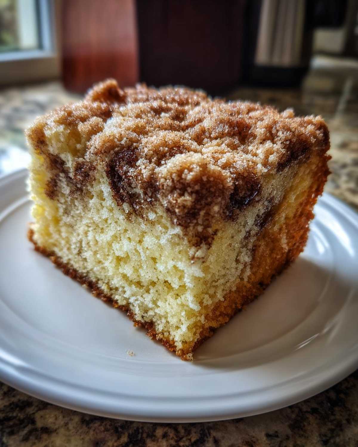 Close-up of a moist slice of Gluten-Free Cinnamon Sugar Coffee Cake with a thick crumb topping.
