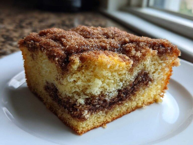 Close-up of a moist slice of Gluten-Free Cinnamon Sugar Coffee Cake with a thick cinnamon streusel topping.