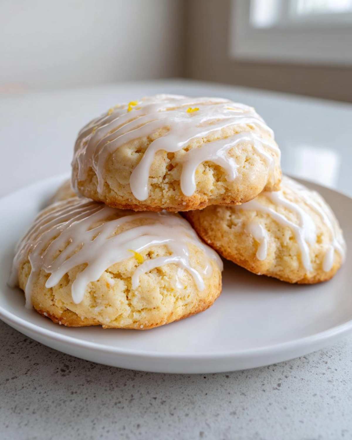 Close-up of three soft Gluten-Free Lemon Ricotta Cookies stacked on a white plate, drizzled with white lemon glaze and topped with zest.