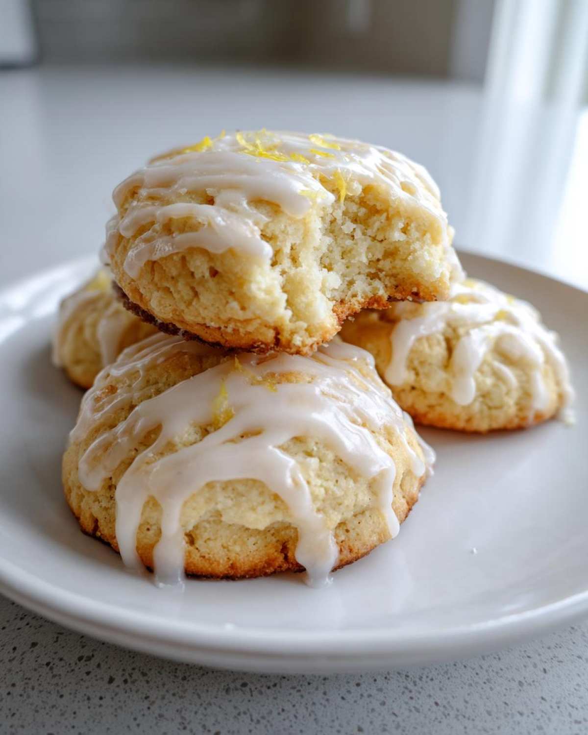 A stack of three Gluten-Free Lemon Ricotta Cookies drizzled with white glaze and lemon zest.