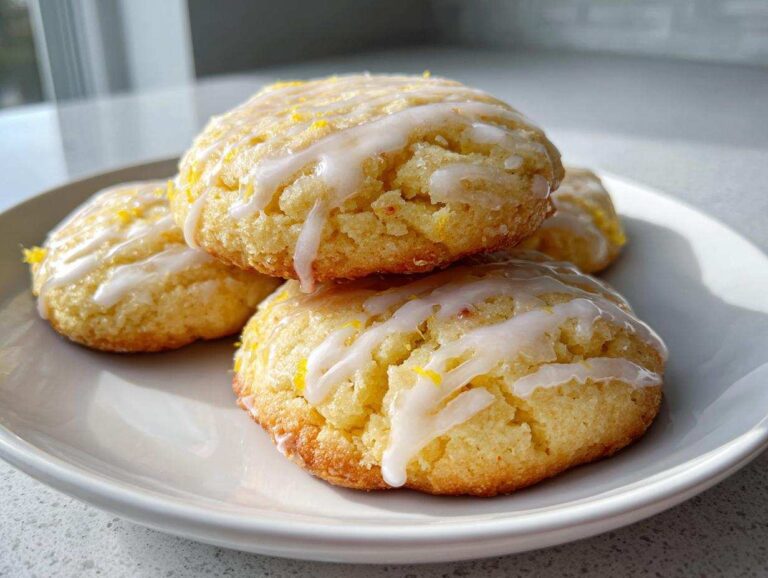 A stack of four moist Gluten-Free Lemon Ricotta Cookies drizzled with white lemon glaze and lemon zest.