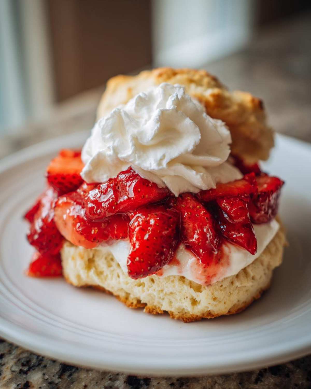 A single serving of fluffy Gluten-Free Strawberry Shortcake Biscuits topped with macerated strawberries and whipped cream.