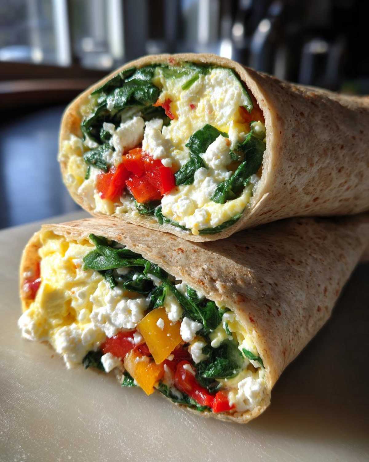 Cross-section of a High-Protein Egg White Breakfast Wrap filled with egg whites, spinach, feta, and peppers.