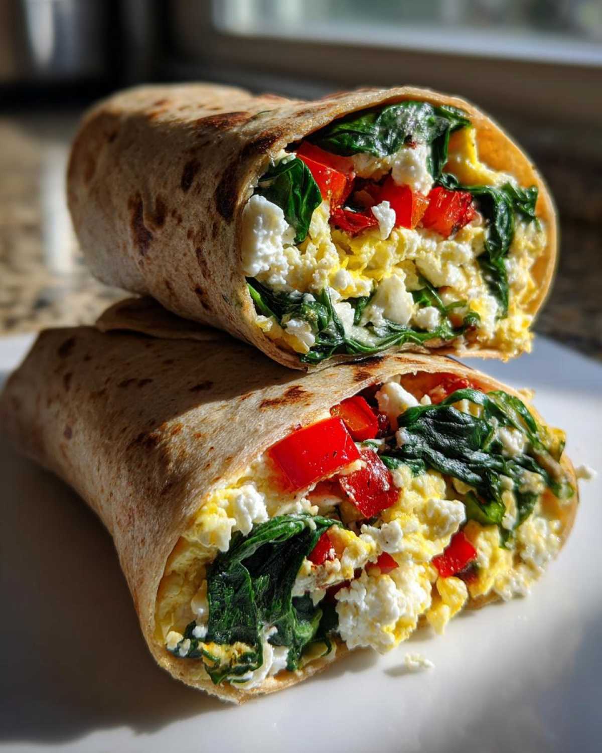 Two halves of a High-Protein Egg White Breakfast Wrap filled with scrambled egg whites, spinach, feta, and red peppers.