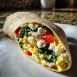 Cross-section view of a High-Protein Egg White Breakfast Wrap filled with scrambled egg whites, spinach, feta cheese, and red peppers.
