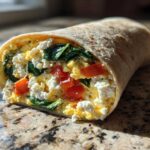 Close-up of a High-Protein Egg White Breakfast Wrap filled with scrambled egg whites, feta cheese, spinach, and diced red peppers.