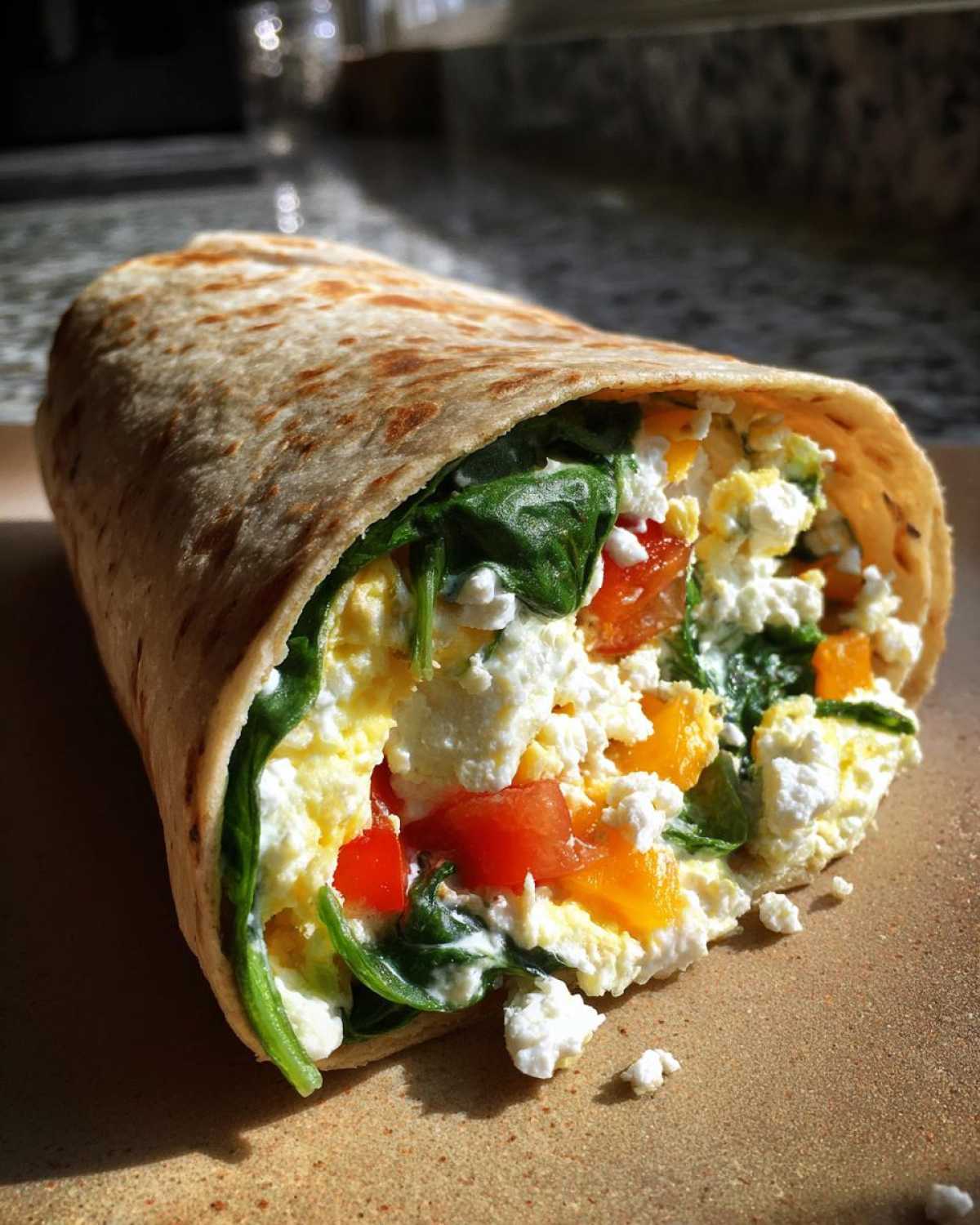 Close-up of a High-Protein Egg White Breakfast Wrap filled with egg whites, cottage cheese, spinach, and bell peppers.